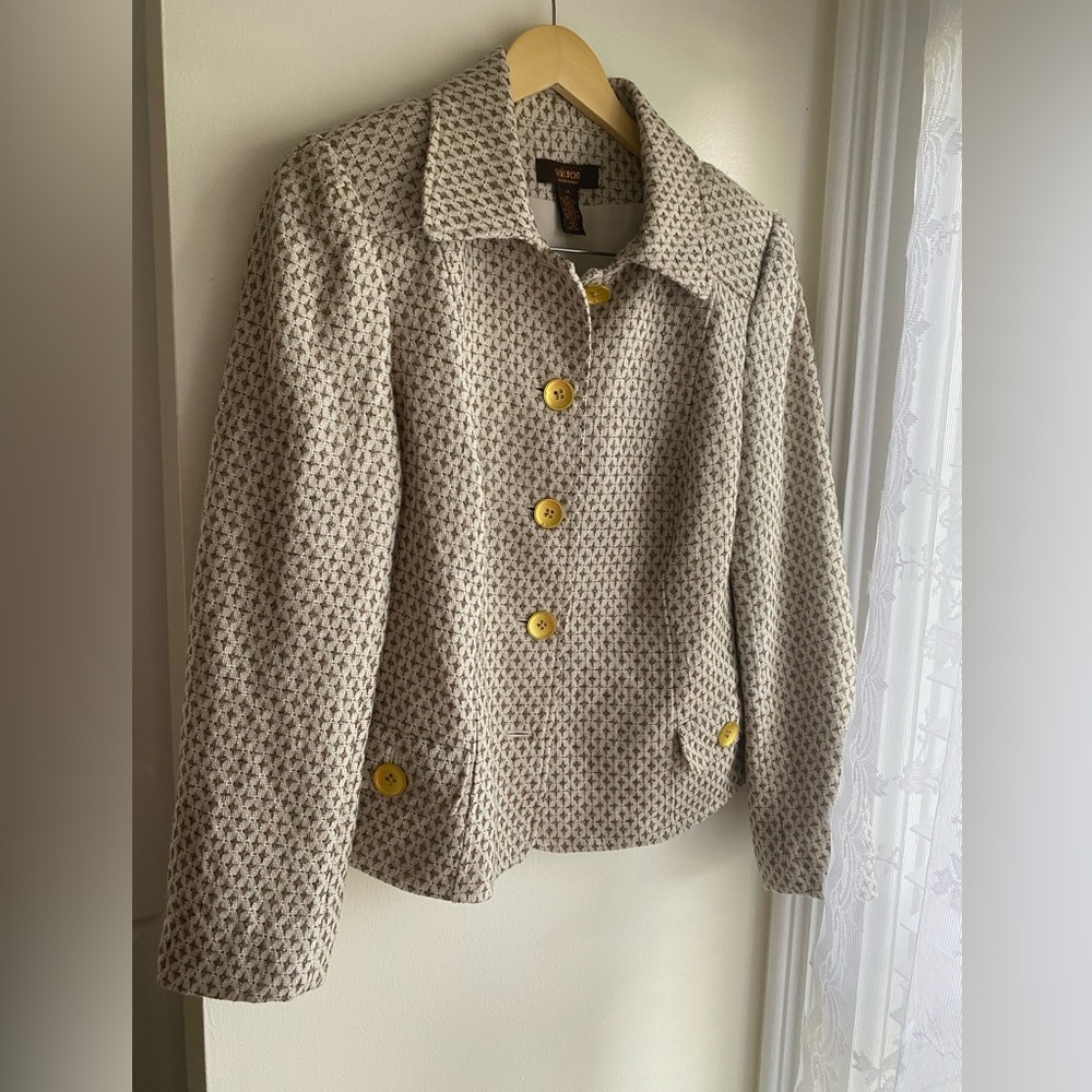 Victor Alfaro Womens White Sparkly Wool Blend Suit Jacket Blazer Size 14 Vintage